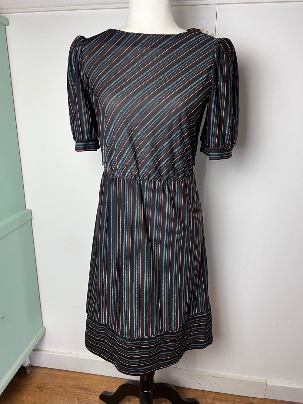Vintage 80s Disco Striped Black Puff-Sleeve Midi Dress